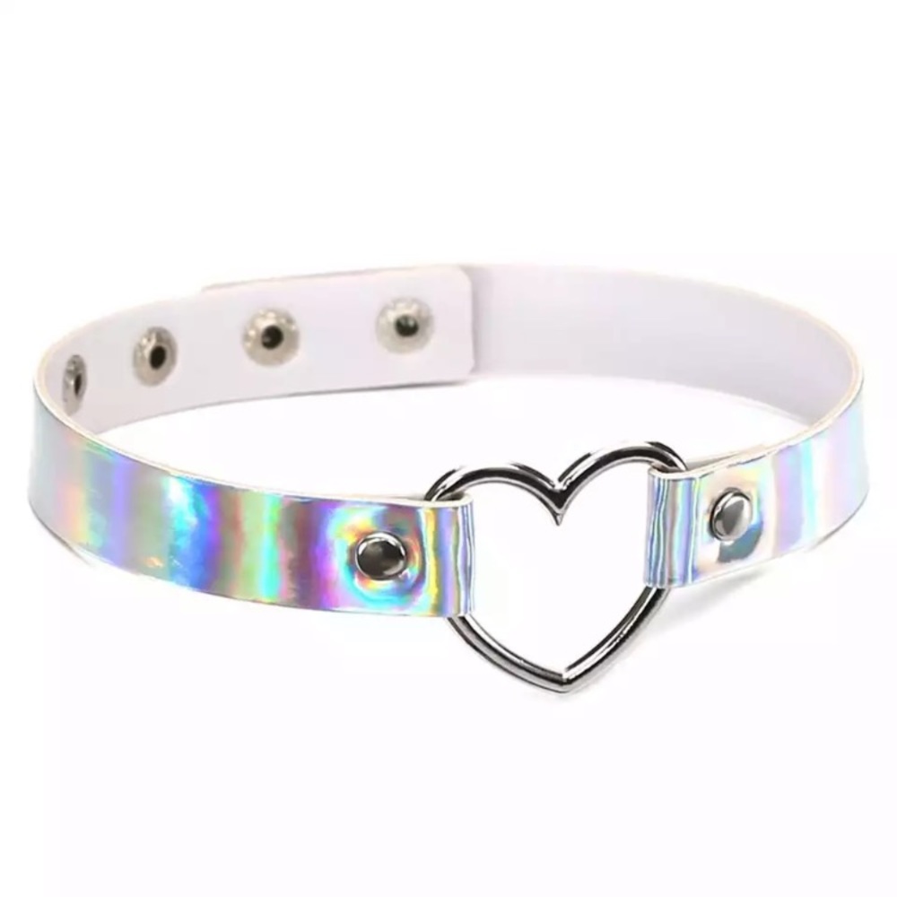 Holographic Choker Collar with Silver Heart